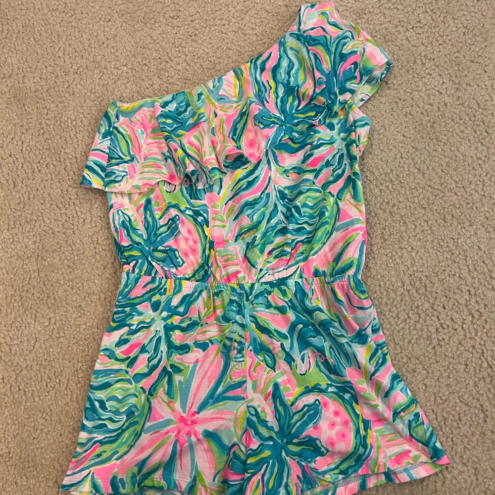 Lilly Pulitzer Girls Romper - Pink and Green Tropical Print